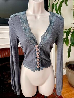 Free People Gray & Teal Lace Button Down Top M